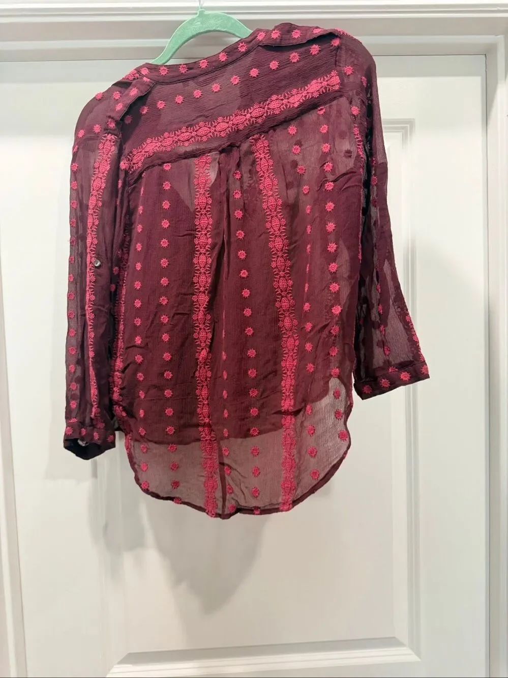 Zoa New York Silk Sheer Embroidered Blouse Burgundy Red Dot Boho Sz L